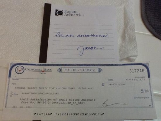 Spacarelli&#039;s check from AT&amp;amp;T - AT&amp;T decides against appeal, pays angry customer $935 in throttling case