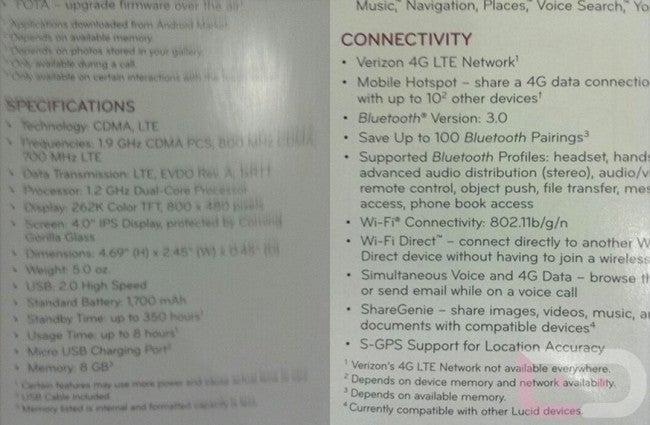Leaked specs of the LG Lucid 4G - LG Lucid 4G specs leak