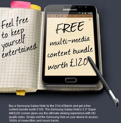 Get £120 of multimedia free through Saturday - Some U.K. stores offer free multimedia bundle worth £120 with Samsung GALAXY Note through March 31st
