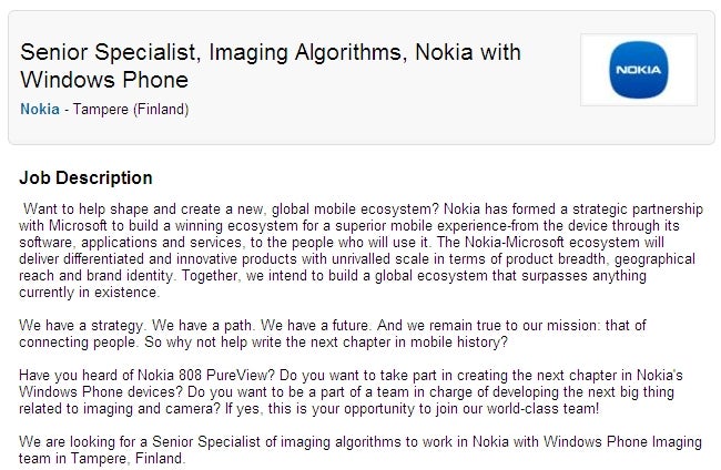 Nokia developing a Windows Phone handset with PureView camera, hints job offer
