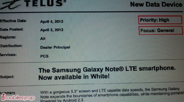 Telus is getting the white version of the phablet starting on Wednesday - White Samsung GALAXY Note LTE gets released today by Telus, April 10th by Bell