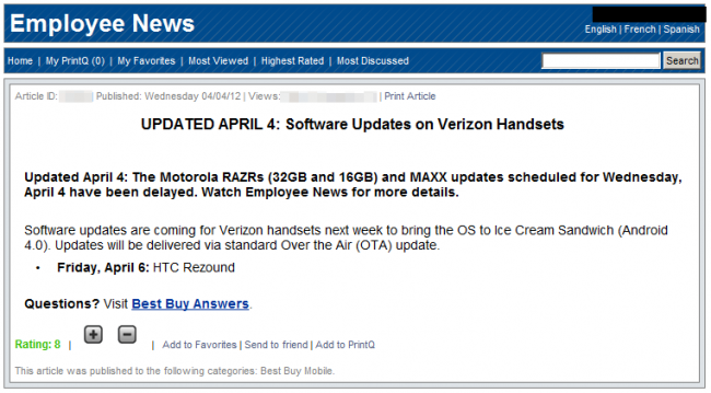 Best Buy says ICS for the RAZR delayed, Rezound still on for Friday