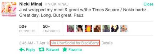 Nicki Minaj used a BlackBerry to tweet about her Nokia and Windows Phone show