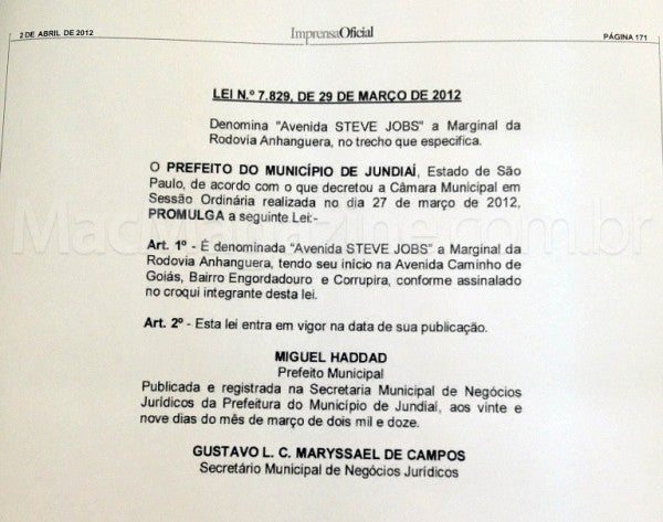 The legal decree that created Avenida Steve Jobs  - Brazilian city with Foxconn factory names street after Steve Jobs