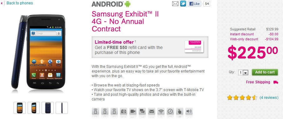 Samsung Exhibit II bundled with a $50 T-Mobile refill card is on sale for $225 online