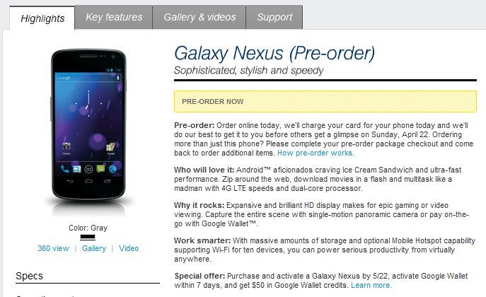 Sprint's pre-order page for the Samsung Galaxy Nexus is now live; mentions April 22nd release