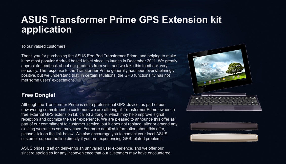 Free ASUS Transformer Prime GPS dongles available now