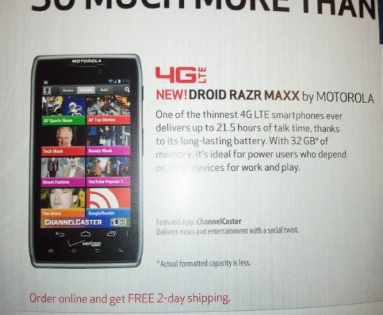 Oops! This picture of the Motorola DROID RAZR MAXX shows it powered by ICS - Sprint says ICS rolling out this year while it mistakenly adorns DROID RAZR MAXX on promo