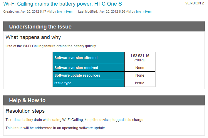 T-Mobile says a software fix is coming - T-Mobile&#039;s HTC One S hit with battery drain issue while using Wi-Fi calling; software fix is coming