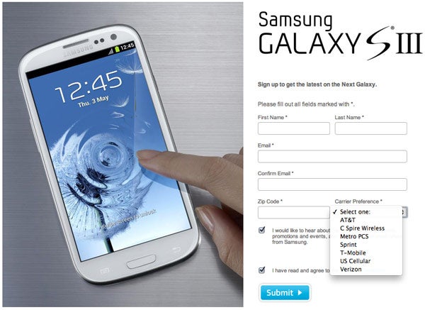 Sign-up with Samsung to receive notifications about the launch of the Samsung Galaxy S III - U.S. sign-up page for the Samsung Galaxy S III up and running