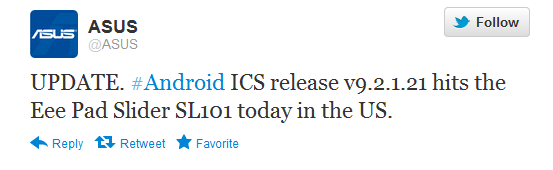 The tweet from Asus about its latest tablet to receive an Android 4.0 update - Tweet news: Android 4.0 update comes to Asus Eee Pad Slider