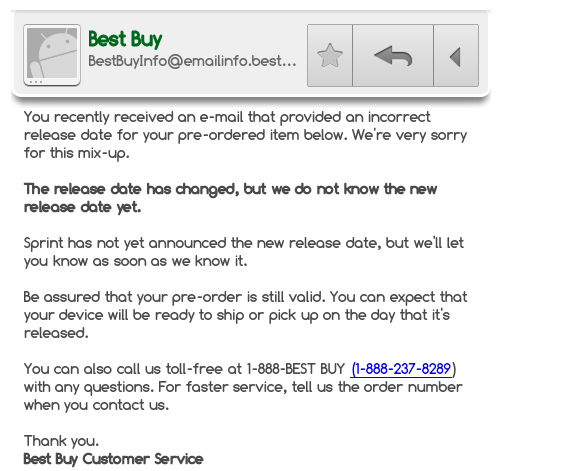 New email from Best buy leaves out May 23rd release date - New Best Buy email says May 23rd release date for HTC EVO 4G LTE was a mistake