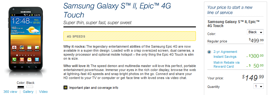 Sprint has cut the price on its version of the Samsung Galaxy S II - Samsung Epic 4G Touch cut to $149.99 at Sprint