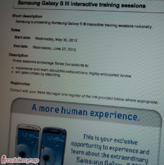 Leaked document - Samsung Canada holding Galaxy S III training sessions through June 27