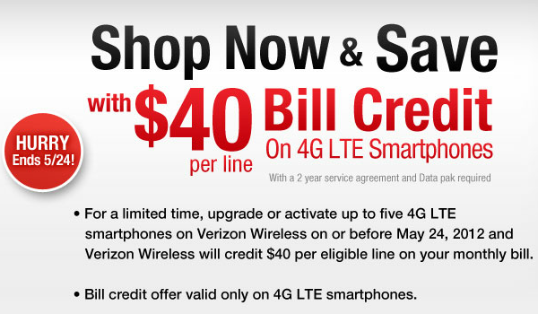 Wirefly&#039;s deal can get you a $40 credit on your Verizon bill for each 4G LTE smartphone activation