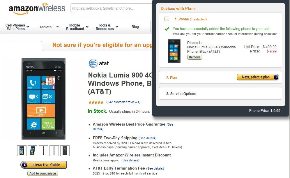 Nokia Lumia 900 in black is sporting an on-contract price of $10 to existing customers on Amazon