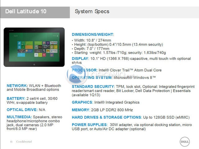 Leaked Slide - Dell Windows 8 tablet specs leak