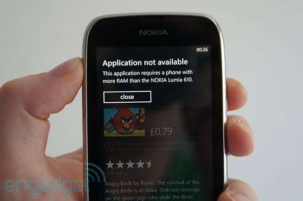 Nokia Lumia 610 does not run Angry Birds, insufficient RAM to blame