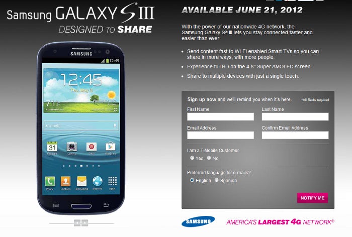 T-Mobile announces the Samsung Galaxy S III, coming June 21