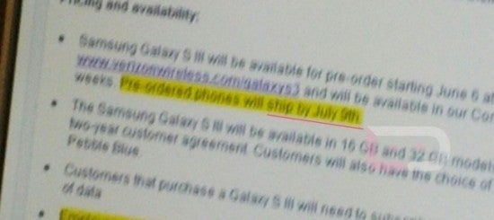 A blurry internal Verizon screen shot shows pre-orders will be fulfilled on July 9th - Internal Verizon document calls for possible July 9th launch date for Samsung Galaxy S III
