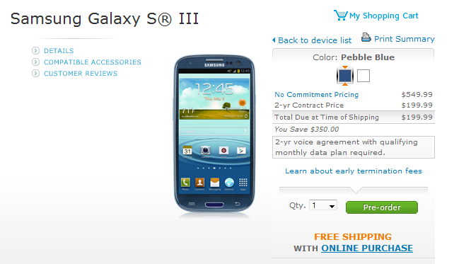 The 16GB Samsung Galaxy S III can be pre-ordered from AT&amp;amp;T - Samsung Galaxy S III now available to be pre-ordered at Sprint, AT&amp;T, Verizon and Best Buy retail locations