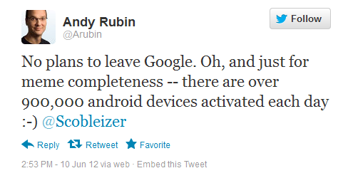 Andy Rubin tweets his intentions - Andy Rubin: Android activations reach 900,000 a day
