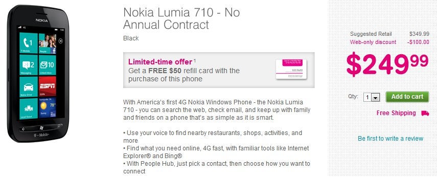 Prepaid Nokia Lumia 710 for T-Mobile with $50 refill card can be snagged for $250