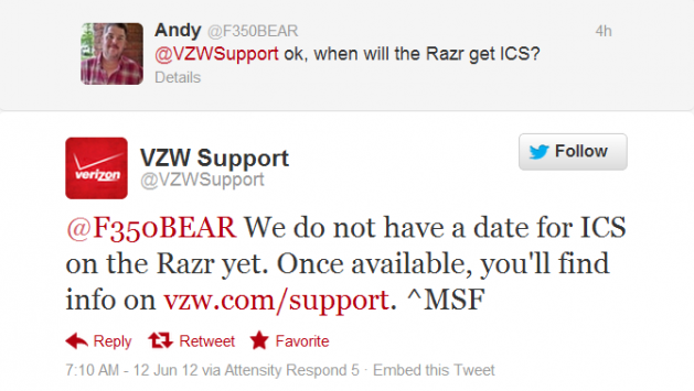 This tweet from VZW Support confirms that there is no date set yet for the Android 4.0 update for the Motorola DROID RAZR - Despite earlier report, there is no Ice Cream Sandwich for Motorola DROID RAZR on Tuesday