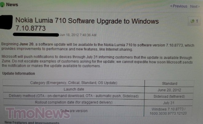 Leaked screenshot says Microsoft is about to push out Tango update to T-Mobile&#039;s Nokia Lumia 710 - Microsoft to begin Tango update for the T-Mobile Nokia Lumia 710 on June 20th?