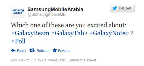 This tweet from Samsung Mobile Arabia falls just shy of introducing the Samsung GALAXY Note II - Tweet from Samsung Mobile Arabia hints at Samsung GALAXY Note II