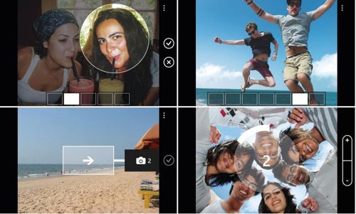 The 4 new features on the Camera Extras app exclusively for Nokia Lumia cameras, clockwise Smart Group Shot, Action Shot, Self Timer and Panorama - Exclusive app for the Nokia Lumia, Camera Extras, adds four new functions to the shooter