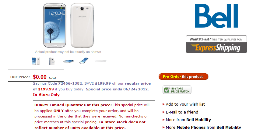 Get Bell's Samsung Galaxy S III free from NCIX - NCIX offering free Bell Samsung Galaxy S III with three year contract; phone launches Wednesday