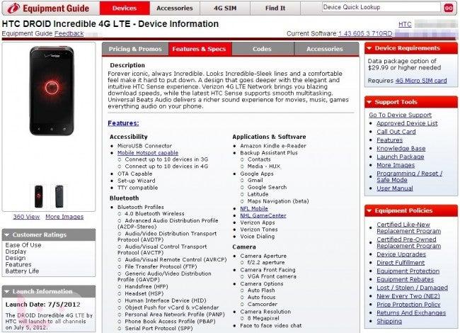 The Verizon Equipment Guide is calling for a July 5th launch for the HTC DROID Incredible 4G LTE - HTC DROID Incredible 4G LTE to launch July 5th according to Verizon's Equipment Guide