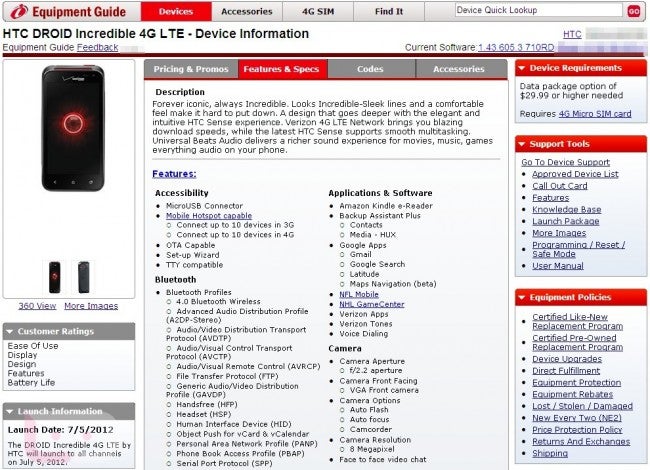 The Verizon Equipment Guide is calling for a July 5th launch for the HTC DROID Incredible 4G LTE - HTC DROID Incredible 4G LTE to launch July 5th according to Verizon&#039;s Equipment Guide