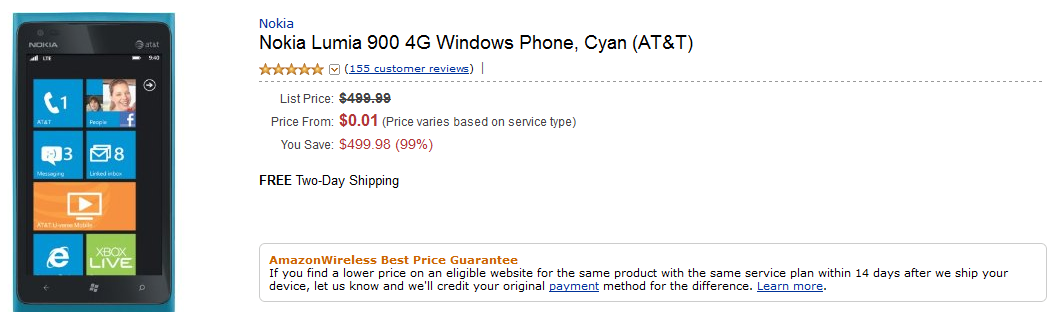 The Nokia Lumia 900 is just 1 cent on contract at Amazon - Amazon now offering the Nokia Lumia 900 for one thin cent