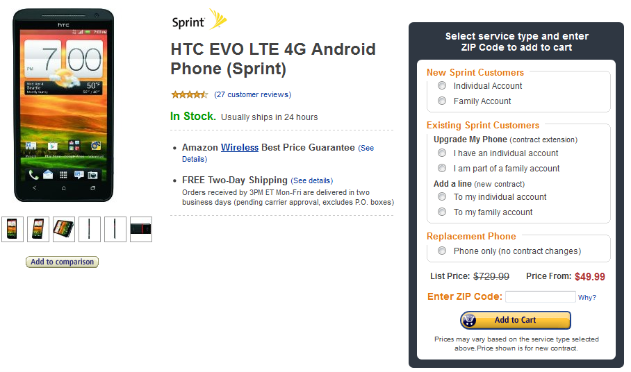 Amazon is selling the high-end HTC EVO 4G LTE for just $49.99 on contract, to new Sprint customers - Amazon does it again, drops price of HTC EVO 4G LTE for new Sprint customers to $49.99