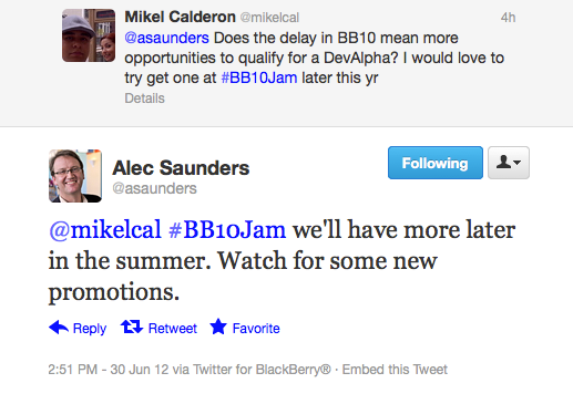 Saunder&#039;s tweet says more Dev Alpha devices will be handed out - Not dead yet: BlackBerry to hand out more Developer Alpha devices this summer