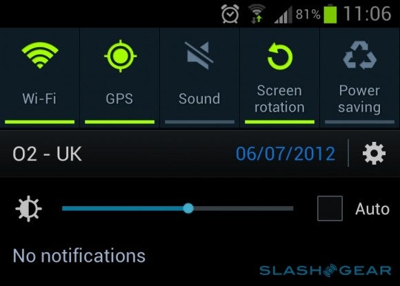 Samsung Galaxy S III software update adds a brightness widget in the notifications tray
