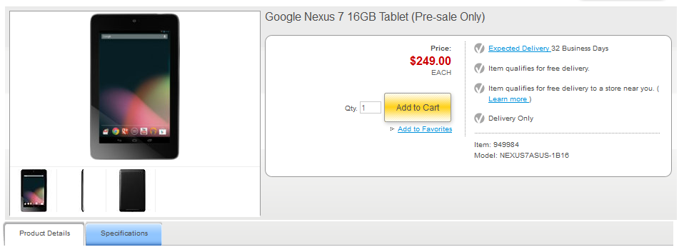 The 16GB model of the tablet is $249.99 - Staples pre-order page shows launch of Google Nexus 7 taking place July 12th-17th