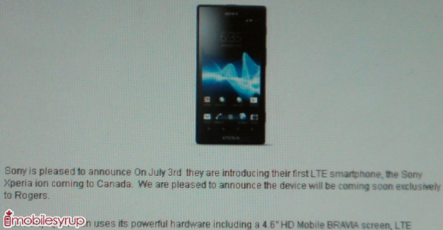 This leaked document says the Sony Xperia ion is a Rogers exclusive in Canada - Leaked document shows Sony Xperia ion and its 12.1MP camera as a Rogers exclusive in Canada