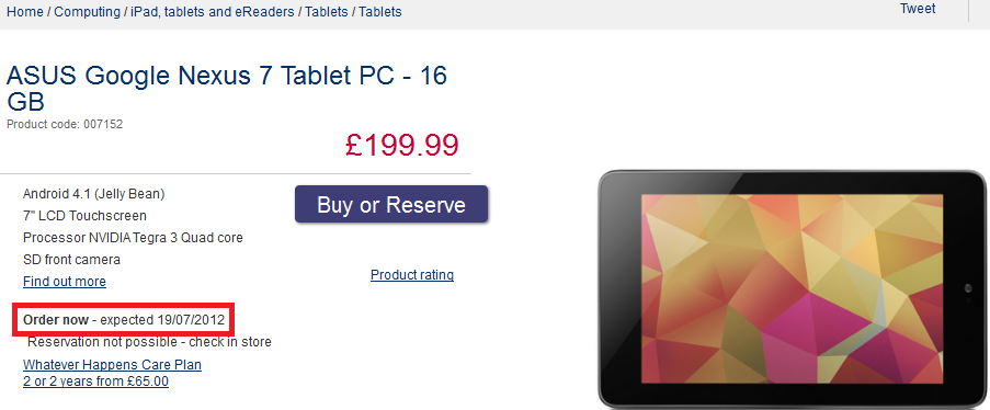 Curry&#039;s pre-order page shows a July 19th ship date for the Google Nexus 7 in the U.K. - Google Nexus 7 U.K. launch penciled in for July 19th