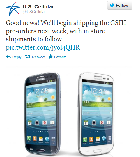 This tweet from U.S. Cellular says pre-orders for the Samsung Galaxy S III are going out this coming week - Samsung Galaxy S III pre-orders for U.S. Cellular set to ship this coming week