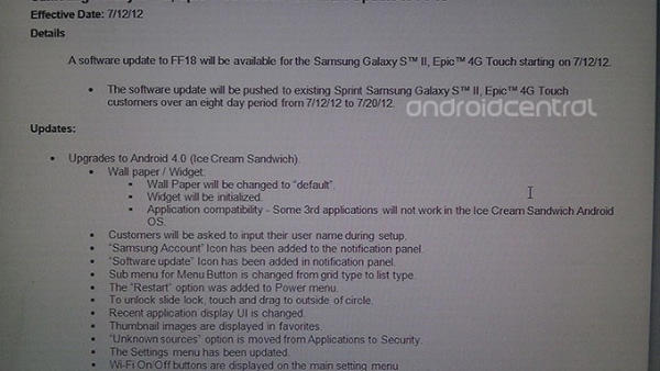 Sprint&#039;s Galaxy S II, Epic 4G Touch to get ICS on July 12