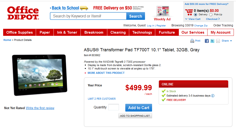 The Asus Transformer Pad Infinity TF700 is now in stock at Office Depot&#039;s website - Office Depot website shows Asus Transformer Pad Infinity TF700 in stock for $499.99