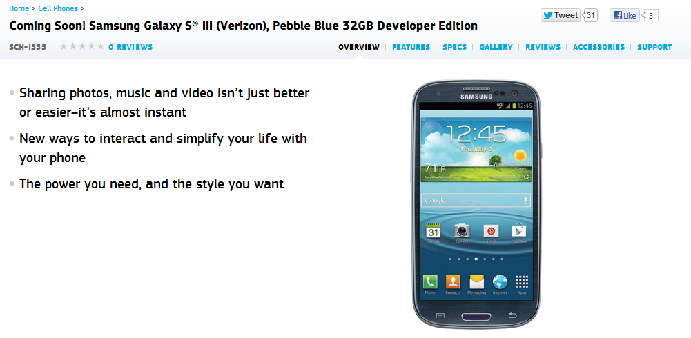 The Samsung Galaxy S III Developer Edition for Verizon - Samsung&#039;s website shows Developer Edition of Samsung Galaxy S III coming soon for Verizon customers