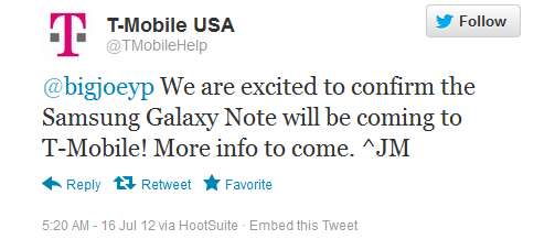Another confirmation that the Samsung GALAXY Note is coming to T-Mobile - Tweet from T-Mobile Help desk confirms Samsung GALAXY Note is on the way