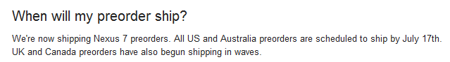 The Google Nexus 7 ships to the U.S. and Australia on Tuesday - Google sends shipping notices to Canadians for Google Nexus 7 tablets