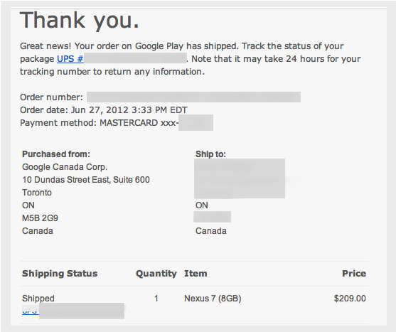 Google has sent out shipping notices to some Canadians who pre-ordered the Google Nexus 7 - Google sends shipping notices to Canadians for Google Nexus 7 tablets