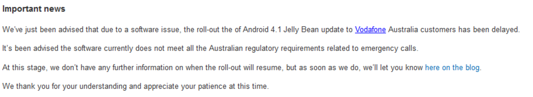 The Android 4.1 update for the Google Nexus S on Vodafone Australia&#039;s network has been held upp by regulatory issues - Regulatory reasons force Vodafone Australia to pull Google Nexus S Jelly Bean update