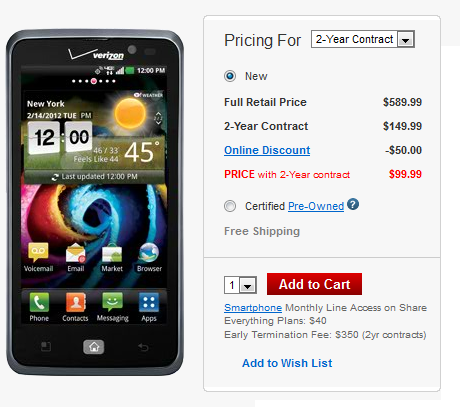 The LG Spectrum is available on contract for $99 from Verizon - LG Spectrum is ready for Android 4.0, all that is required is &#039;OK&#039; from Verizon